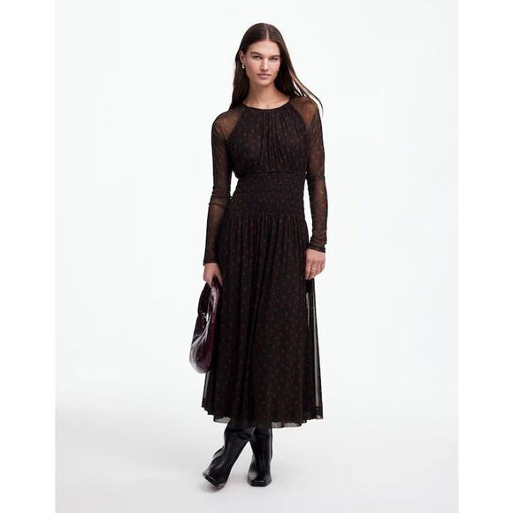 MADEWELL Black Red Smocked Midi Floral Print Sheer Lined Dress size XXL - Picture 1 of 15